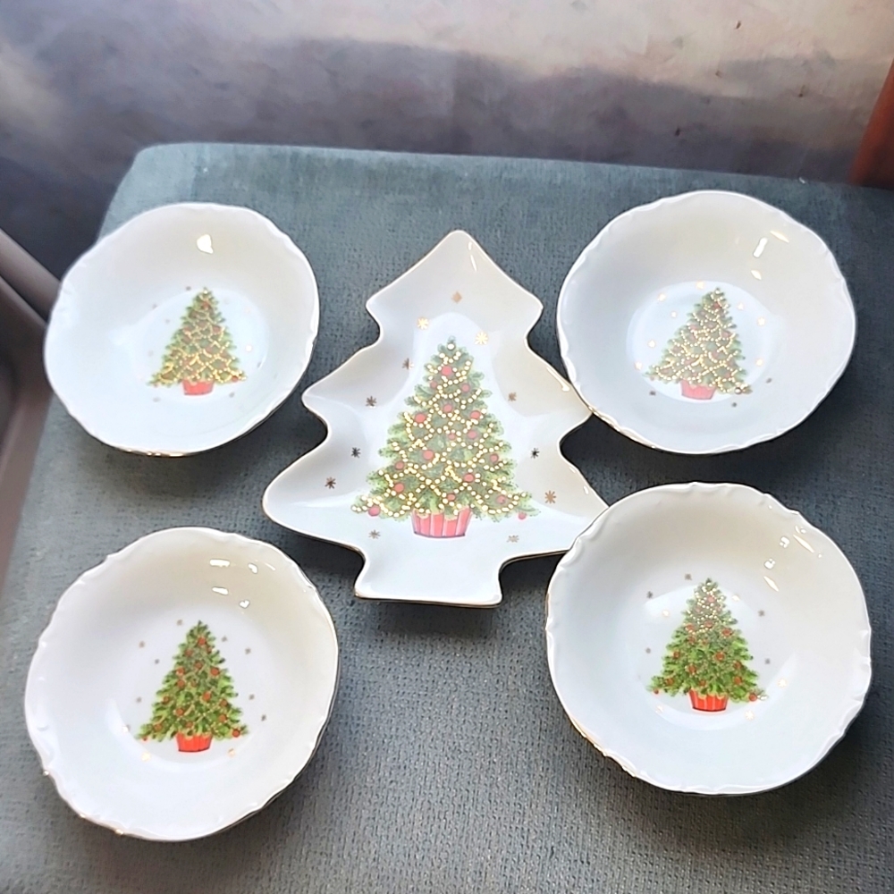 George GOOD Christmas China serving dishes set of 5 Gold Trimmed Vintage